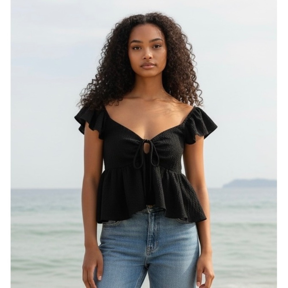 Urban Outfitters Peplum Top Womens S Black Flutter Sleeve Tie Front - Picture 1 of 10